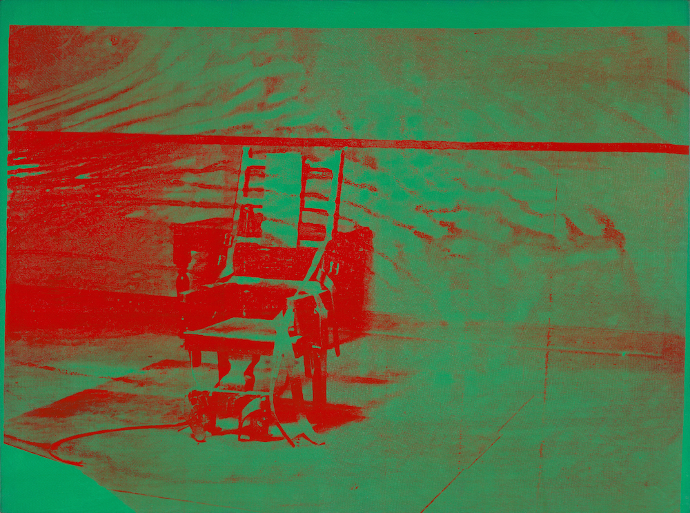 Andy Warhol, Big Electric Chair, 1967–68. Acrylic and silkscreen ink on linen, 54 1⁄8  × 73 1⁄4 in. The Art Institute of Chicago; gift of Edlis/ Neeson Collection. © The Andy Warhol Foundation for the Visual Arts, Inc. / Artists Rights Society (ARS) New York.